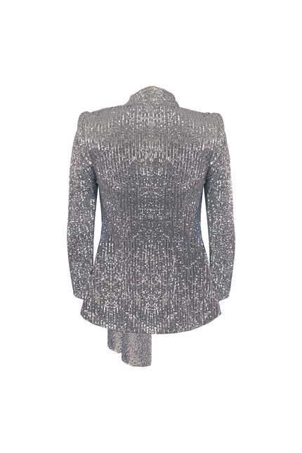 TIA STRUCTURED SEQUIN HIGH LOW BLAZER WITH A DETACHABLE BELT IN SILVER - ANITABEL