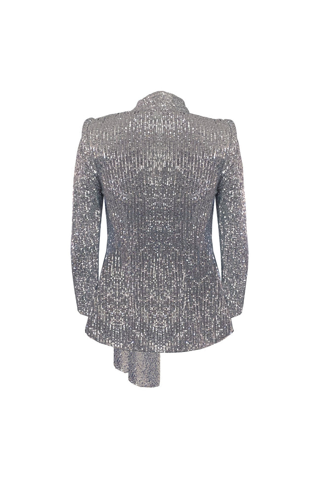 TIA STRUCTURED SEQUIN HIGH LOW BLAZER WITH A DETACHABLE BELT IN SILVER - ANITABEL