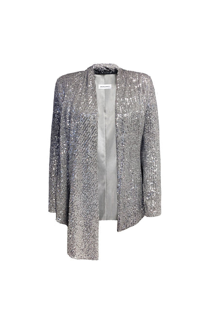 TIA STRUCTURED SEQUIN HIGH LOW BLAZER WITH A DETACHABLE BELT IN SILVER - ANITABEL