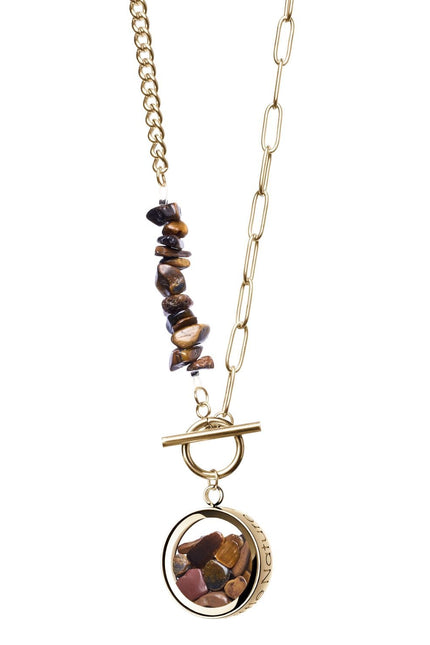 My Little Nature I Toggle Clasp Tiger Eye Gold Plated Necklace With Beaded Chain And Charm