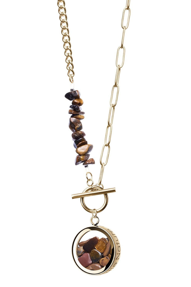 My Little Nature I Toggle Clasp Tiger Eye Gold Plated Necklace With Beaded Chain And Charm