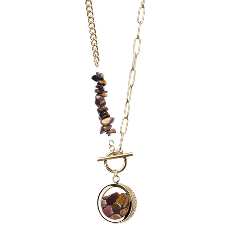 My Little Nature I Toggle Clasp Tiger Eye Gold Plated Necklace With Beaded Chain And Charm