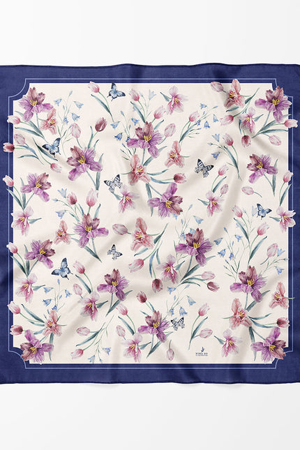 Tulip and Butterfly Double-Sided Silk Scarf-Purple-L
