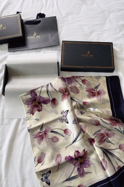 Tulip and Butterfly Double-Sided Silk Scarf-Purple-L