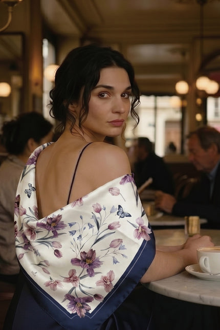 A sophisticated woman in a Parisian café draped in a NINA HO ILLUSTRATION 100% mulberry silk scarf, featuring hand-painted purple tulips and butterflies on a smooth double-sided fabric, embodying botanical elegance and refined Parisian chic as a wearable work of art.