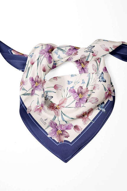 Tulip and Butterfly Double-Sided Silk Scarf-Purple-S