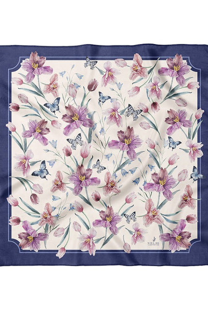 Tulip and Butterfly Double-Sided Silk Scarf-Purple-S