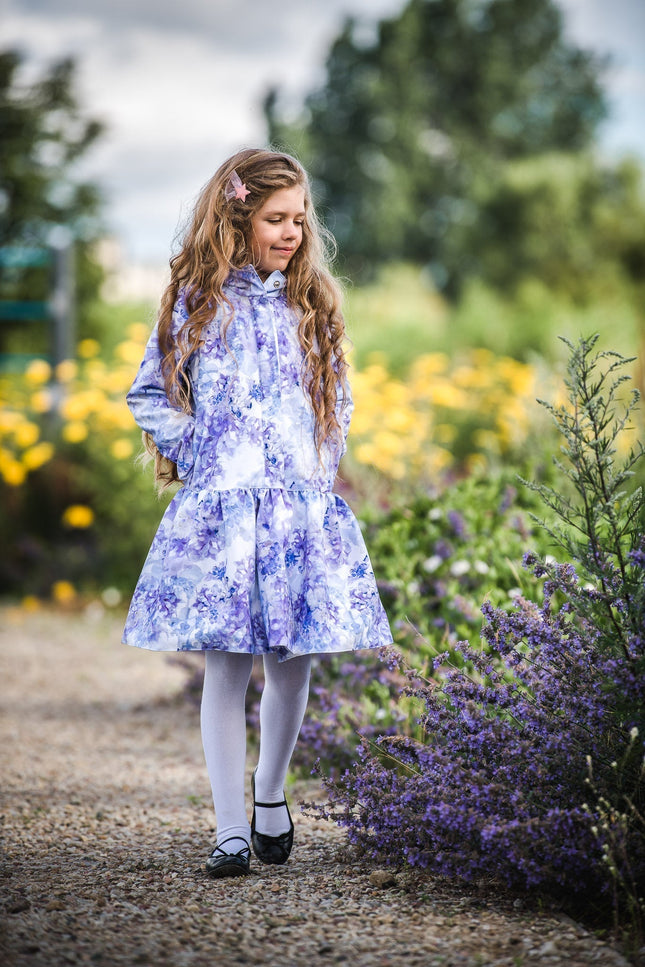 Light Blue Trapeze Raincoat for Girls front & pockets