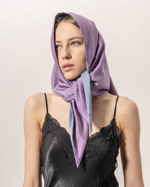 EVÉN I Anna Double-Sided Satin Head Scarf - Purple and Blue Sky