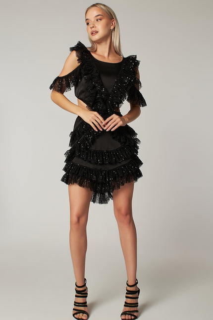 Petra Petrova I Black Sequin Cut Out Detailed Ruffled Mini Dress Viva