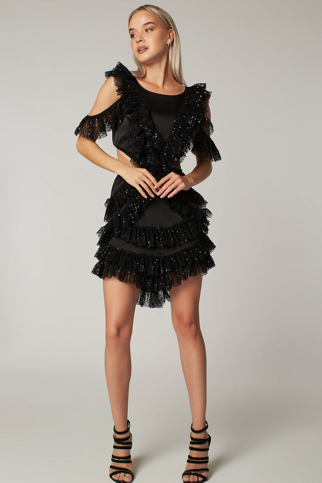 Petra Petrova I Black Sequin Cut Out Detailed Ruffled Mini Dress Viva