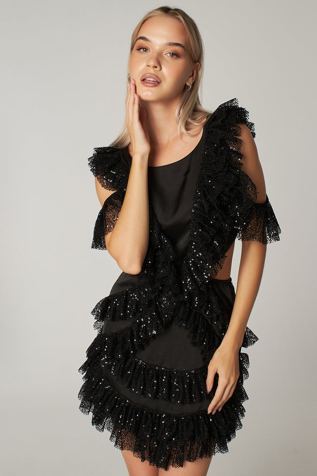 Petra Petrova I Black Sequin Cut Out Detailed Ruffled Mini Dress Viva