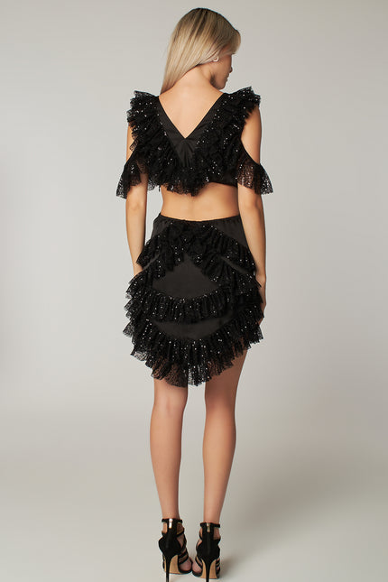 Petra Petrova I Black Sequin Cut Out Detailed Ruffled Mini Dress Viva
