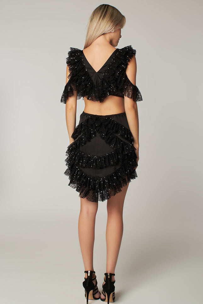 Petra Petrova I Black Sequin Cut Out Detailed Ruffled Mini Dress Viva