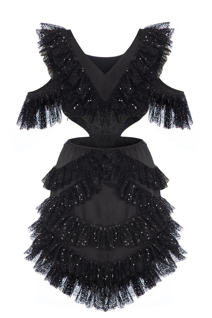 Petra Petrova I Black Sequin Cut Out Detailed Ruffled Mini Dress Viva