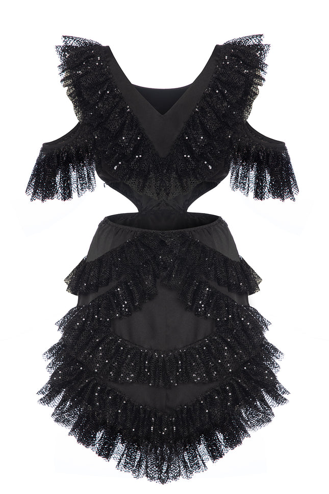 Petra Petrova I Black Sequin Cut Out Detailed Ruffled Mini Dress Viva