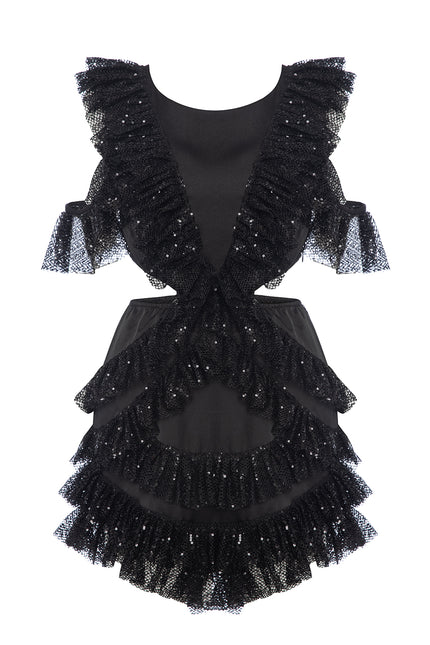 Petra Petrova I Black Sequin Cut Out Detailed Ruffled Mini Dress Viva