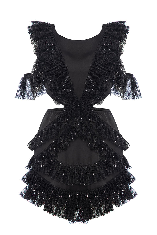 Petra Petrova I Black Sequin Cut Out Detailed Ruffled Mini Dress Viva