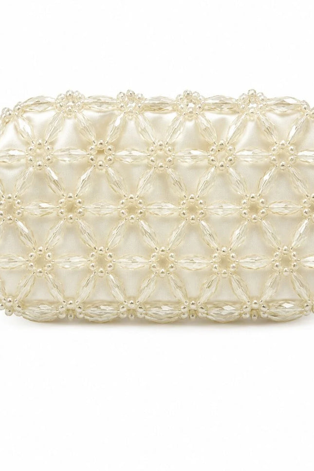 Atelier Emine Fresco Blanc handcrafted crystal bag in light tones with a handle-free design, Crystal Gelato Couture collection