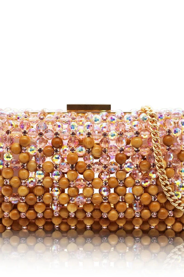 Atelier Emine Aurelia Roseligne Bois Noble Couture handmade crystal and solid wood couture clutch with detachable premium metal chain