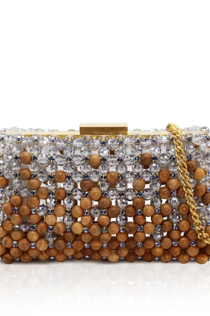 Atelier Emine Aurelia Caramelis Bois Noble Couture handmade crystal and solid wood couture clutch with detachable premium metal chain