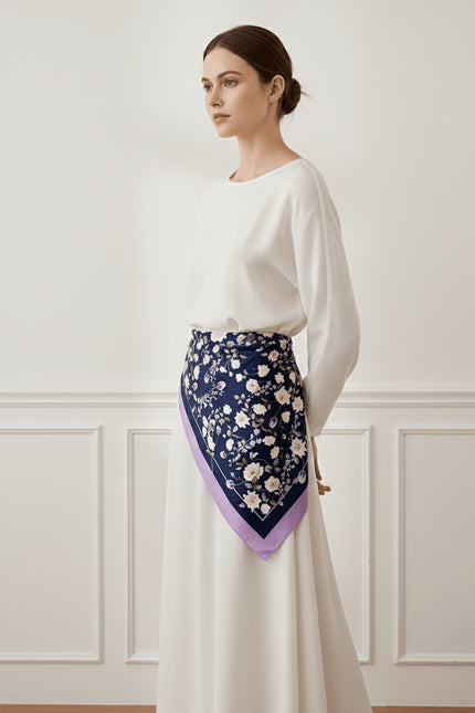 White Rose Garden Double-Sided Silk Scarf - Wisteria - L