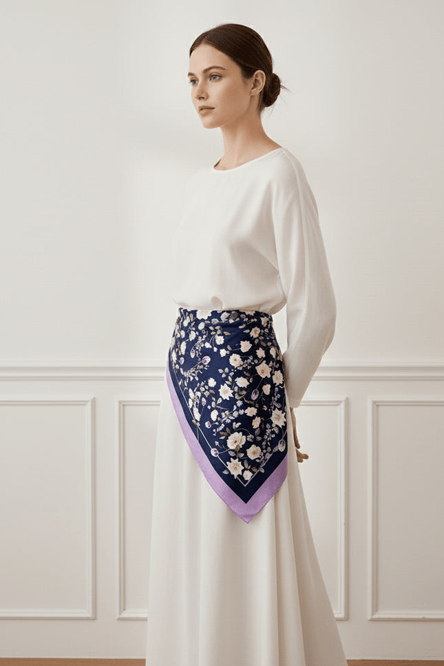 Nina Ho | White Rose Garden Double-Sided Silk Scarf