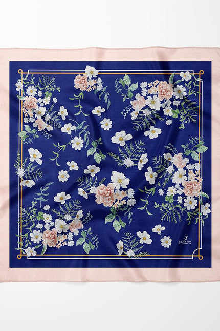 White Wildflower Double-Sided Silk Scarf - Glaze blue