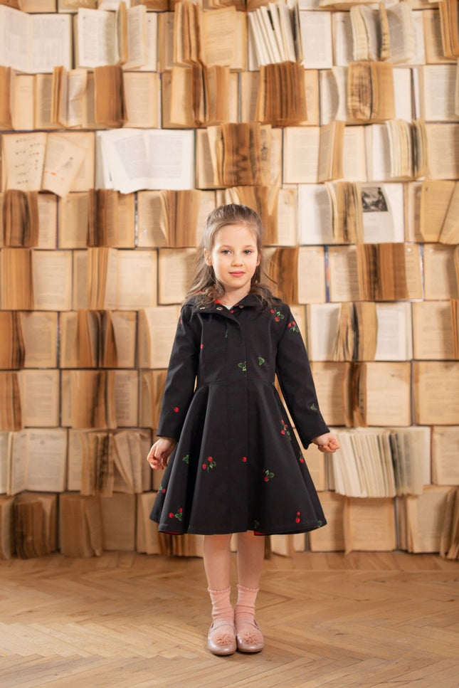 Girls' Black Coat with Red Strawberry Print
