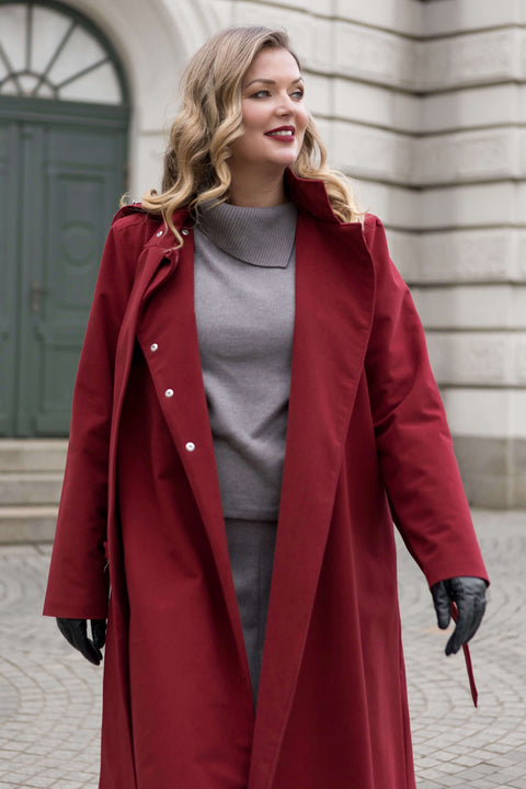 RainSisters | Warm Double Breasted Coat with Hood & Scarf | Winter Maroon