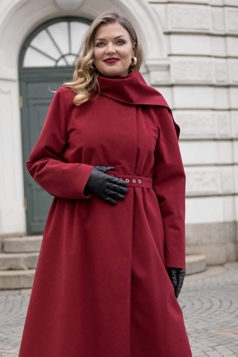 RainSisters | Warm Double Breasted Coat with Hood & Scarf | Winter Maroon