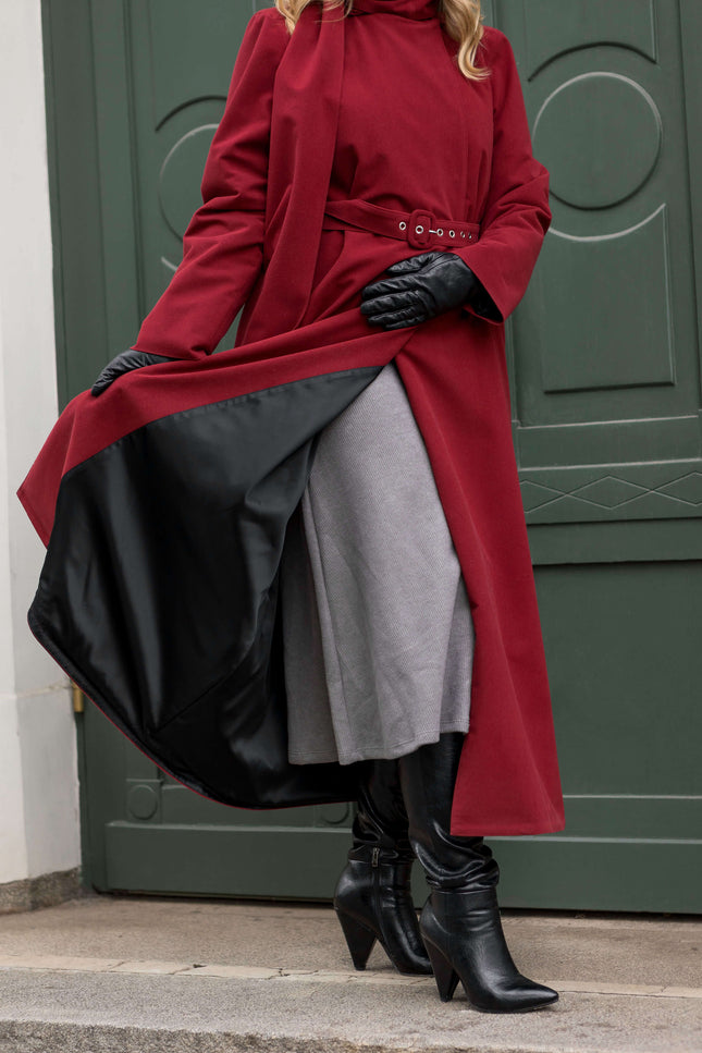 Winter Maroon long coat — insulated, breathable, and waterproof with Italian satin lining.