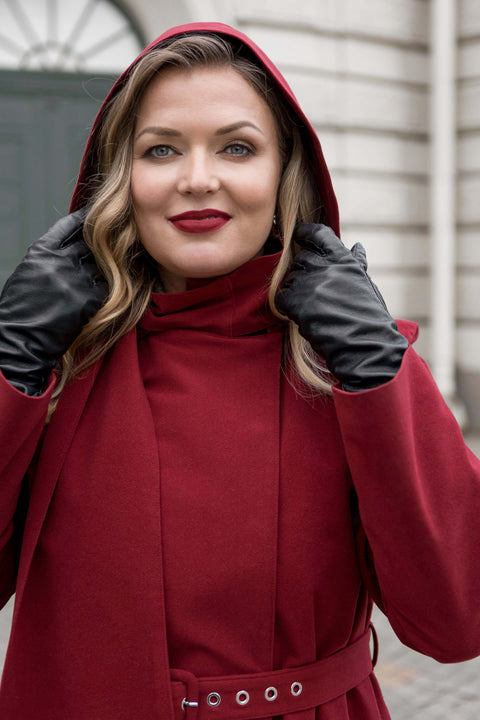 RainSisters | Warm Double Breasted Coat with Hood & Scarf | Winter Maroon