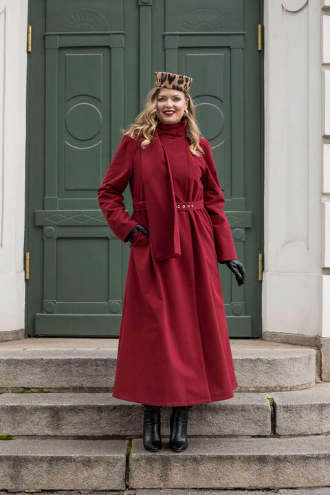 RainSisters | Warm Double Breasted Coat with Hood & Scarf | Winter Maroon