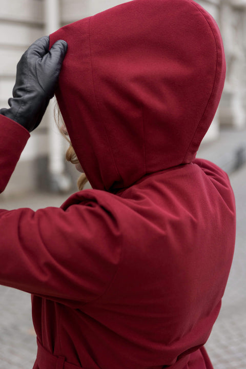 RainSisters | Warm Double Breasted Coat with Hood & Scarf | Winter Maroon