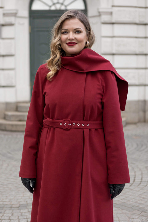 RainSisters | Warm Double Breasted Coat with Hood & Scarf | Winter Maroon