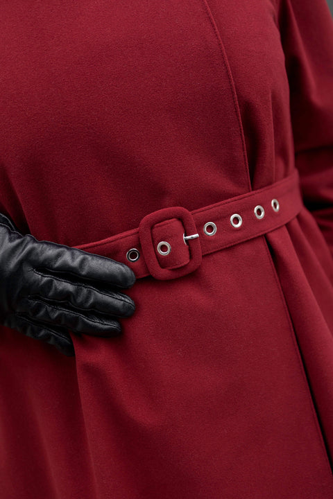 The Winter Maroon coat by RainSisters, a rich red outerwear piece blending elegance, warmth, and style.