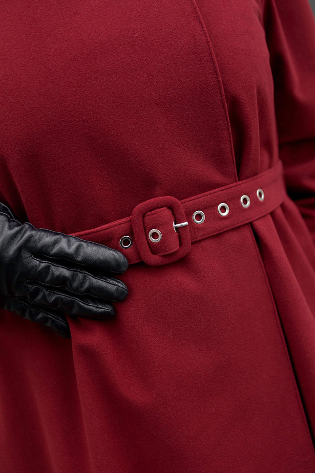 The Winter Maroon coat by RainSisters, a rich red outerwear piece blending elegance, warmth, and style.