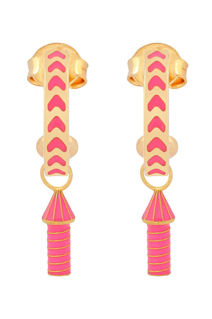 image of rocket enamel earrings in pink and gold on white background