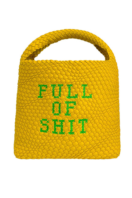 Yellow woven bucket handbag by Lilly Loves, showing the front view with a rounded shape and woven texture.