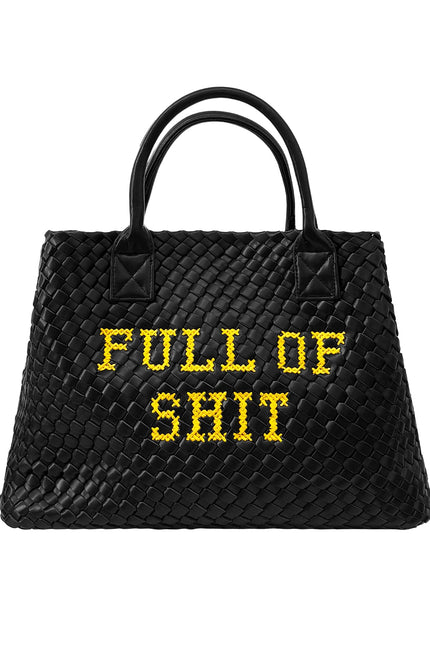 Yellow vegan woven handbag from Lilly Loves with a full of shit design, featuring a stylish and eco-friendly accessory.