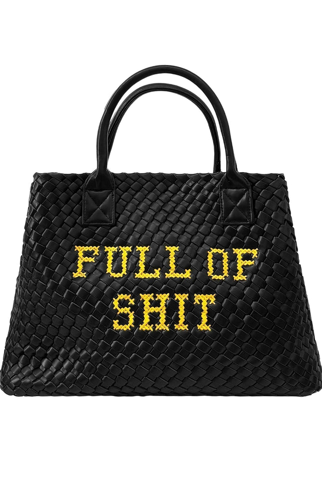Yellow vegan woven handbag from Lilly Loves with a full of shit design, featuring a stylish and eco-friendly accessory.