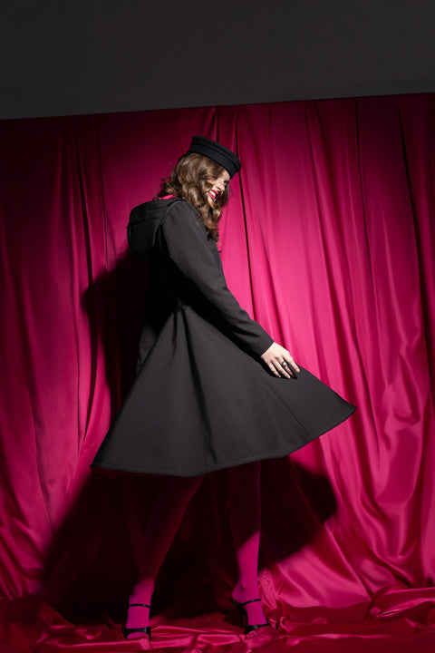 RainSisters | Solid Black Coat with Fuchsia Pink Lining | Pink Ruby