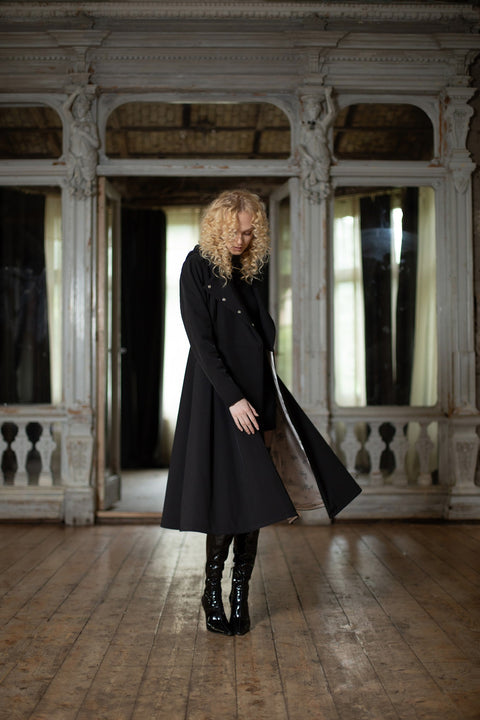 RainSisters | Double Breasted Coat with Belt in Black | Queen of Spades