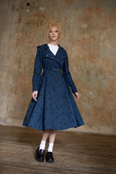 RainSisters | Dark Blue Coat with Floral Print in Black | Blue Frost