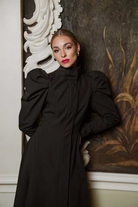 RainSisters | Fitted and Flared Coat with Balloon-Styled Sleeves in Black | Majestic Night