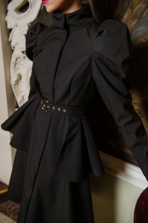 RainSisters | Fitted and Flared Coat with Balloon-Styled Sleeves in Black | Majestic Night
