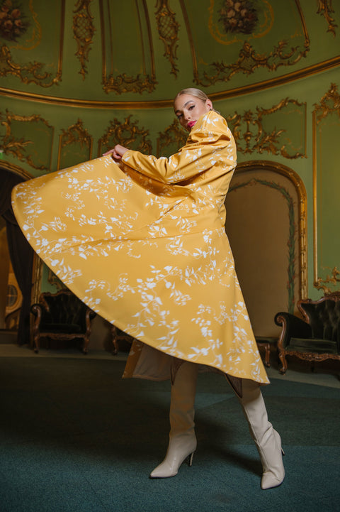 RainSisters | Fitted and Flared Coat with Balloon-Styled Sleeves in Yellow with White Floral Print | Majestic Yellow
