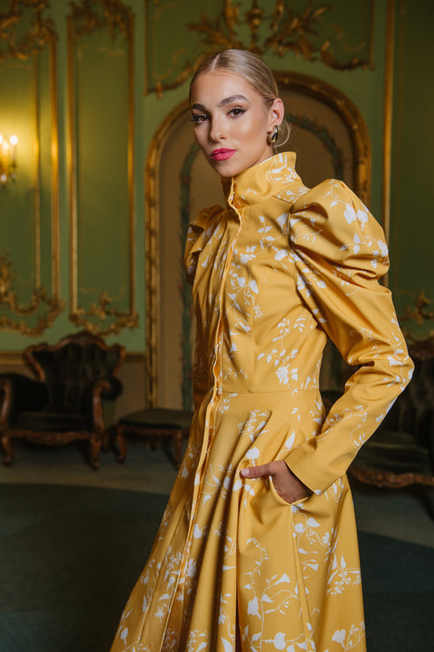RainSisters | Fitted and Flared Coat with Balloon-Styled Sleeves in Yellow with White Floral Print | Majestic Yellow