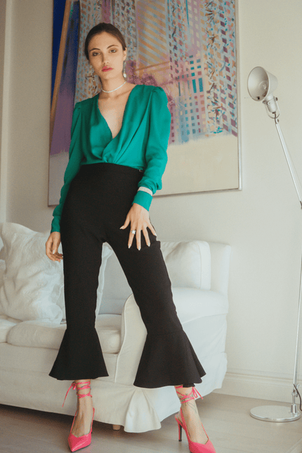 Sarvin | Ashlee Black Frill Hem Trousers
